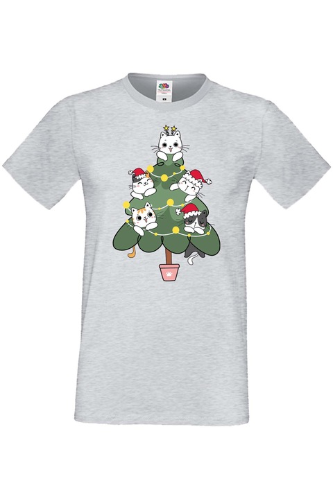 Férfi karácsonyi póló ajándék karácsonyra újévre Tralala Cat Xmas Tree 02, szürke melange, 2XL