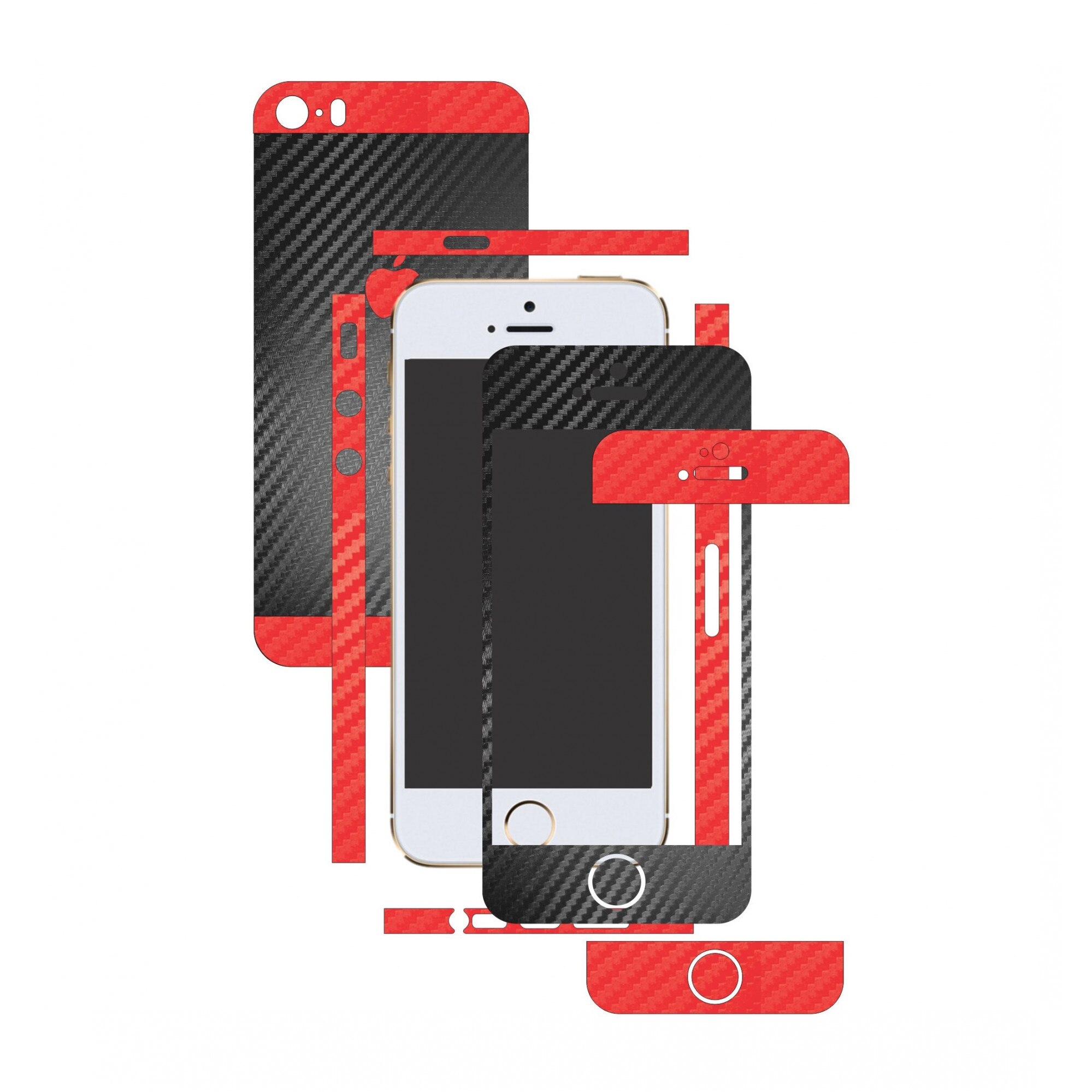 Folie de protectie Full Body Carbon Skinz, Acoperire Totala, Two Tone Negru/Rosu pentru Apple iPhone 5