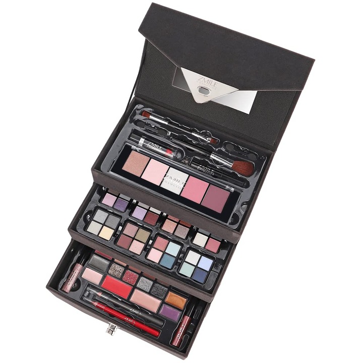 Trusa de machiaj "Delicate Beauty Velvety" Vegan, 74 piese, caseta catifea dark grey, ZmileCosmetics