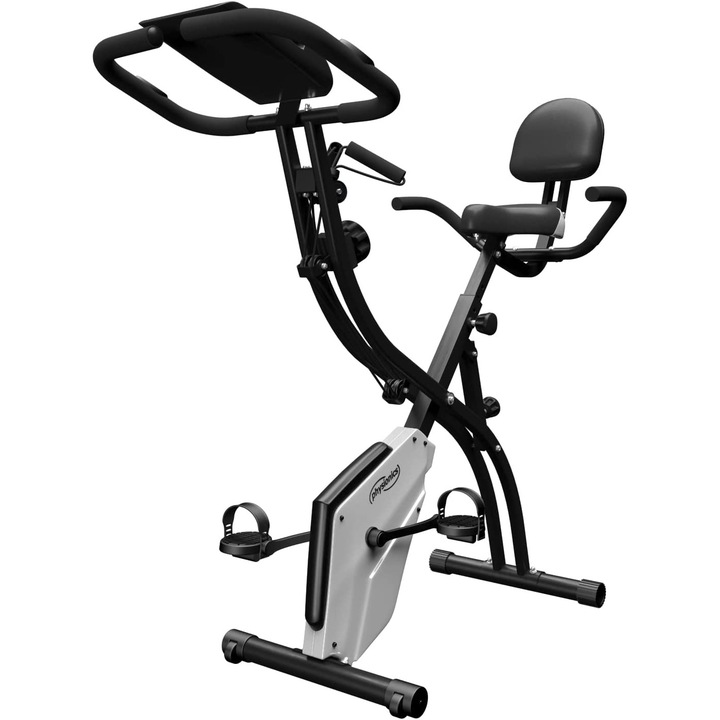 Bicicleta fitness Physionics®, senzor puls ghidon, display LCD monitorizeaza timpul, viteza, scanare, pulsul, caloriile si odometru, suport telefon, scaun reglabil, pliabila, 42.5 x 77 x 115 cm cm