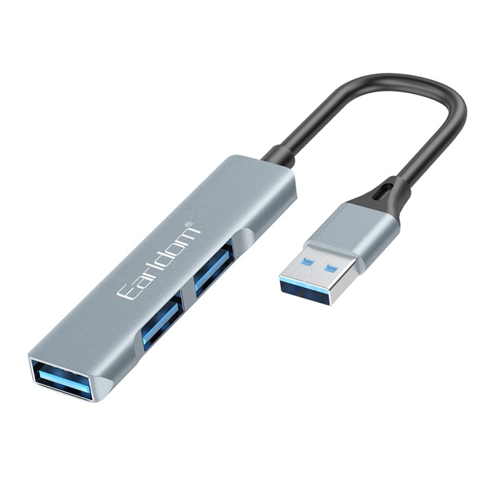 Hub adaptor USB la 3 porturi USB 3.0, metalic, gri