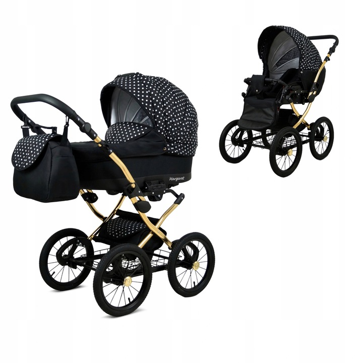 Carucior multifunctional 2 in 1 BabyLux Margaret, cu landou si parte sport, cadru aluminiu usor, suspensie moale, ghidaj reglabil, centuri 5 puncte, bumbac si piele ecologica, sistem pliere compact, Alb Negru, pentru nou-nascuti si copii