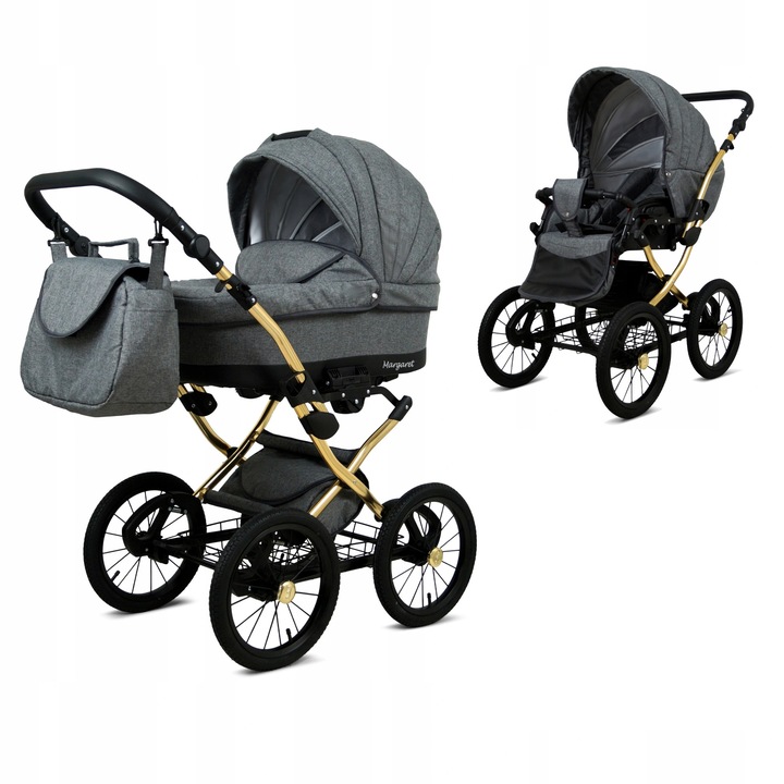 Детска количка BabyLux 2 в 1, Памук/Алуминий, Мултифункционален, Сив / Черен