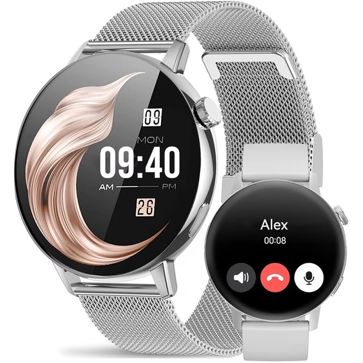Часовник SmartWatch DT™ WATCH3 MINI, Bluetooth HD обаждане, известия за обаждания/съобщения, 4D без граници 1,36 инча, ЕКГ, 24/7 проследяване на сърдечната честота и фитнес, мулти спорт, кабелен колан и силикон, SmartVibe, Silver Star