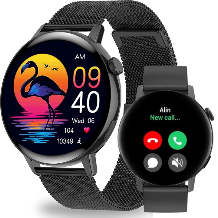 Часовник SmartWatch DT™ WATCH3 MINI, Bluetooth HD обаждане, известия за обаждания/съобщения, 4D без граници 1,36 инча, ЕКГ, 24/7 проследяване на сърдечната честота и фитнес, мулти спорт, кабелен колан и силикон, SmartVibe, Black Star