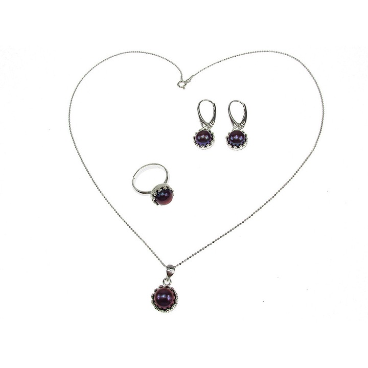 Set argint complet model coroana cu perle de cultura negre, GlamBazaar