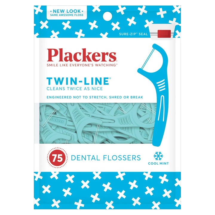 Комплект конци за зъби, Plackers, Twin Line, Тип клечка за зъби, Бързо почистване, Много здрав, Ментов вкус, 75 бр.