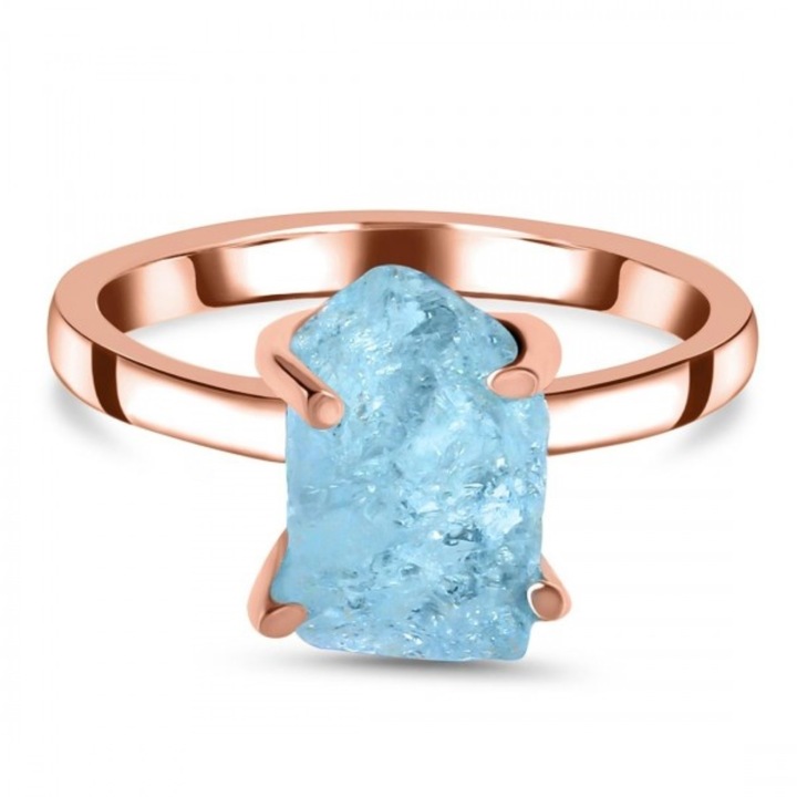 Сребърен Пръстен, Пръстен с Естествен Аквамарин, Цвят Розово Злато, Проба 925