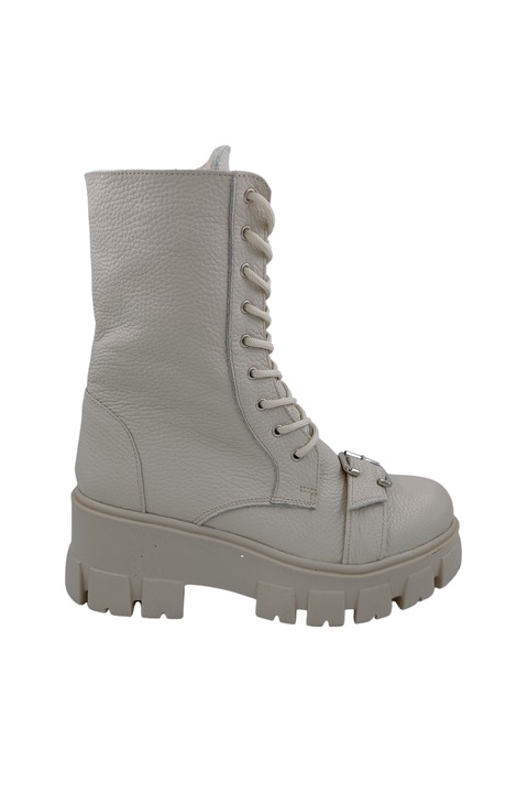 Bocanci dama piele naturala bizon cu catarama siret si fermoar pe lateral talpa masiva demi-wedge bej