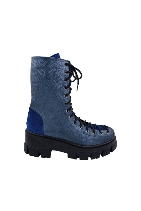 Bocanci dama piele naturala bizon cu piele intoarsa sireturi lungi fermoar pe lateral talpa masiva demi-wedge usoara albastru