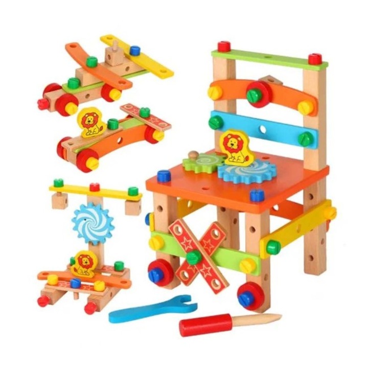 Joc educativ de asamblat, tip Montessori, din lemn - scaun, avion, masinute, diferite modele