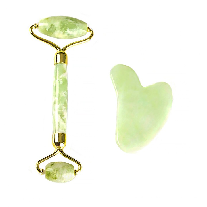 Set Rola Jadeit cu Gua Sha, din piatra de Jad, aparat / dispozitiv pentru masaj facial, corporal si drenaj limfatic, culoare verde