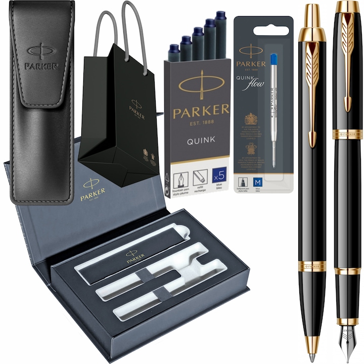 Set Parker Stilou Pix IM Royal Black Lacquer GT cu gravura laser, etui Leather Black, cartuse lungi Parker Quink 5 buc, rezerva pix Parker albastru Jumbo Quink Flow, in cutie duo Royal si punga