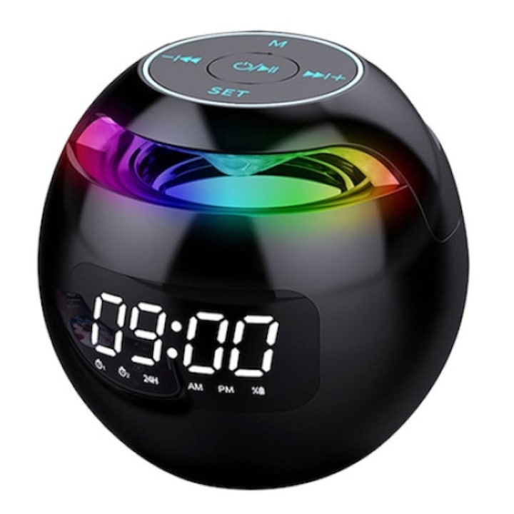 Boxa portabila cu ceas digital fara fir cu alarma si conectare bluetooth, display led black edition, boxa integrata cu mini card audio