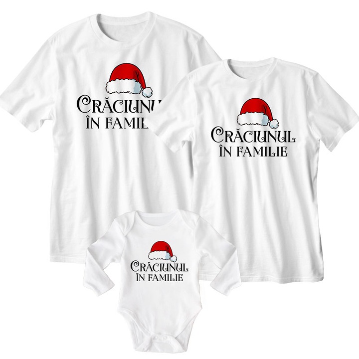Set de Craciun 2 tricouri si un body personalizat cu mesajul "Craciunul in Familie", albe, 100% bumbac, XS - XL