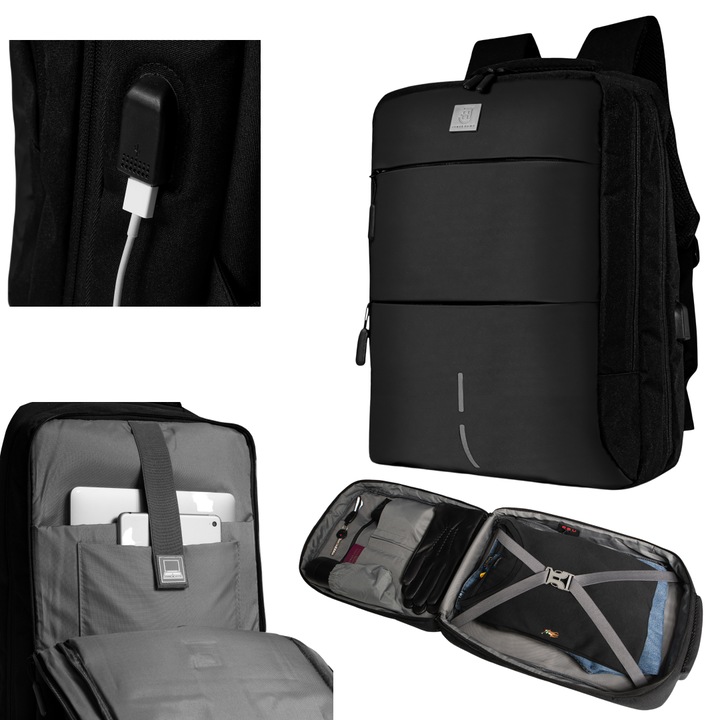 Rucsac functional pentru laptop si tableta, cu port USB, 44x32x12cm, Negru