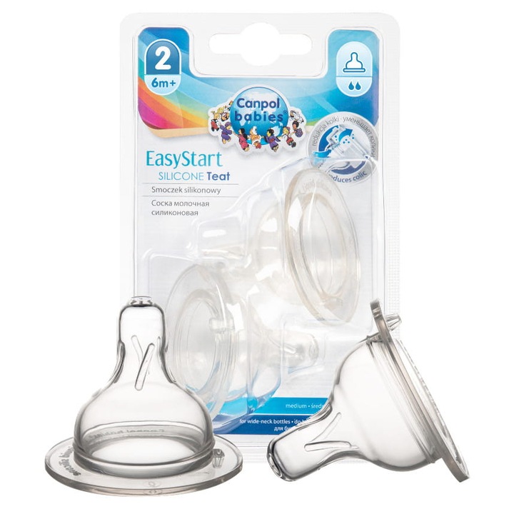 Tetina din silicon pentru biberoane cu gura larga, Canpol, medie, 6 luni, Transparent