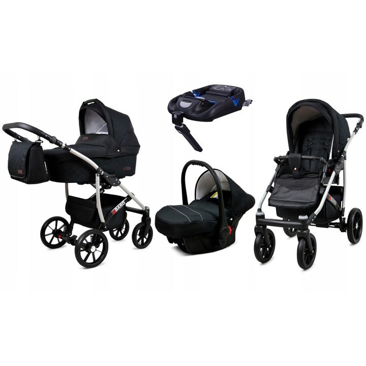 Carucior Copii 4 in 1 Baby Lux Largo, Sistem Complet Modular cu Scaun Auto si Baza Isofix, Pliabil, Roti Pivotante, Confortabil, Cadru Aluminiu, Negru Alb