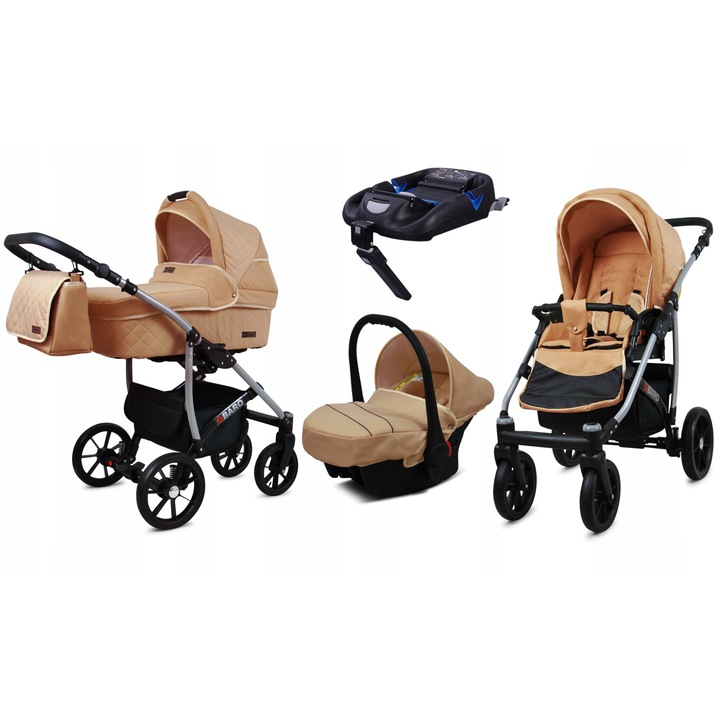 Carucior copii Baby Lux Qbaro 4in1 Multifunctional cu Baza Isofix, Sistem Complet de Calatorie si Siguranta, Cadru Aluminiu, Interior Bumbac, Design Elegant Negru si Bej