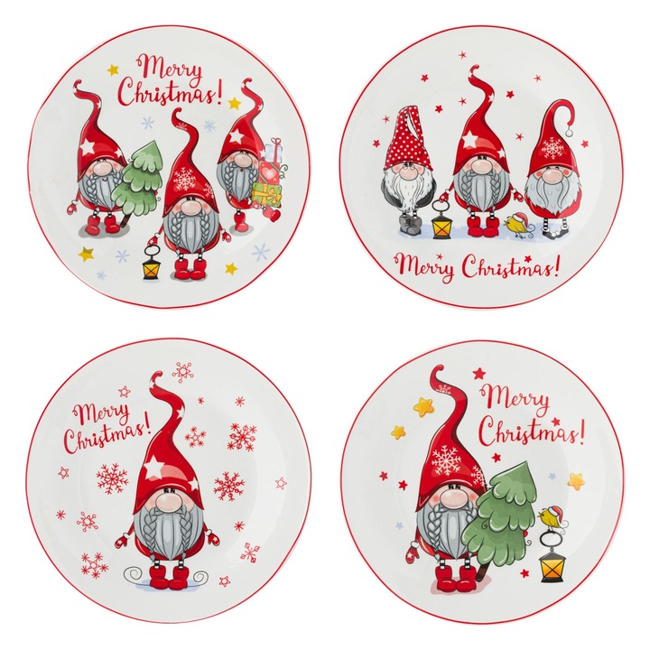 Set Farfurii Craciun 4 Buc Portelan 19cm Alb Rosu Model Gnomes Merry Christmas Pentru Servire Shopiens®