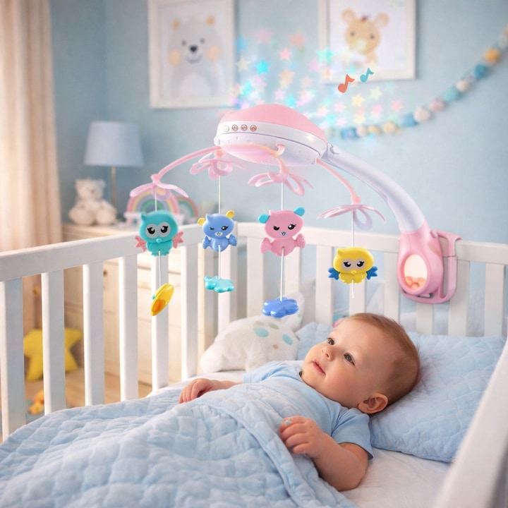 Carusel Interactiv Multifunctional Night Bed Bell idealStore, Rotire 360°, Efecte Luminoase si Sonore, Proiector cu Stelute, 500 Melodii de Somn, Mod de Noapte, Oglinda, Telecomanda Inclusa, Culoare Roz