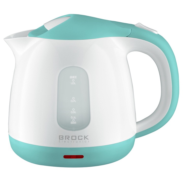 Fierbator electric Brock WK 0716 AZ, 1100 W, 1L, protectie supraincalzire, oprire automata dupa fierbere, capac etans, Albastru