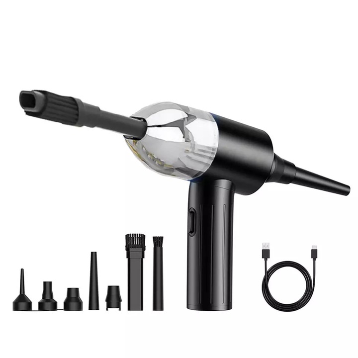 Aspirator de Mana si Aparat de Suflat Praful, 2 in 1, Autonomie 25 de Minute, cu Accesorii si Husa pentru Depozitare, 50.000 Rotatii pe Minut, 6.000 mAh, Negru, Portabil, Pentru Casa si Masina