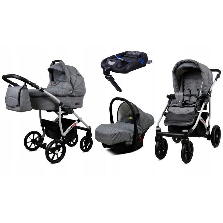 Carucior pentru copii, Baby Lux, 4 in 1, Baza Isofix, Aluminiu/Bumbac, Negru/Gri