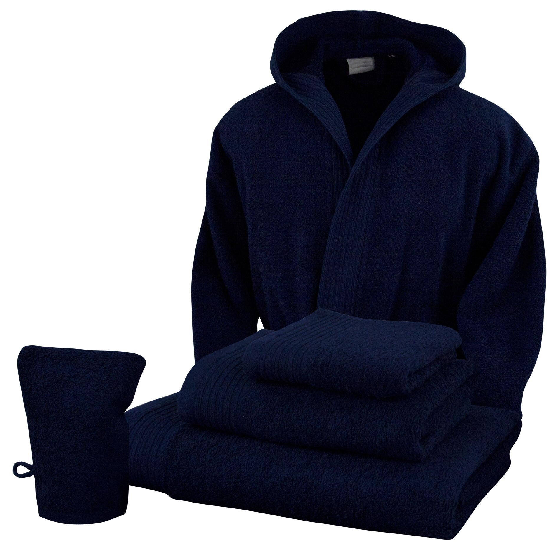 Set baie 4 produse + halat cu gluga S-M, Bleumarin, 100% bumbac Terry Selection