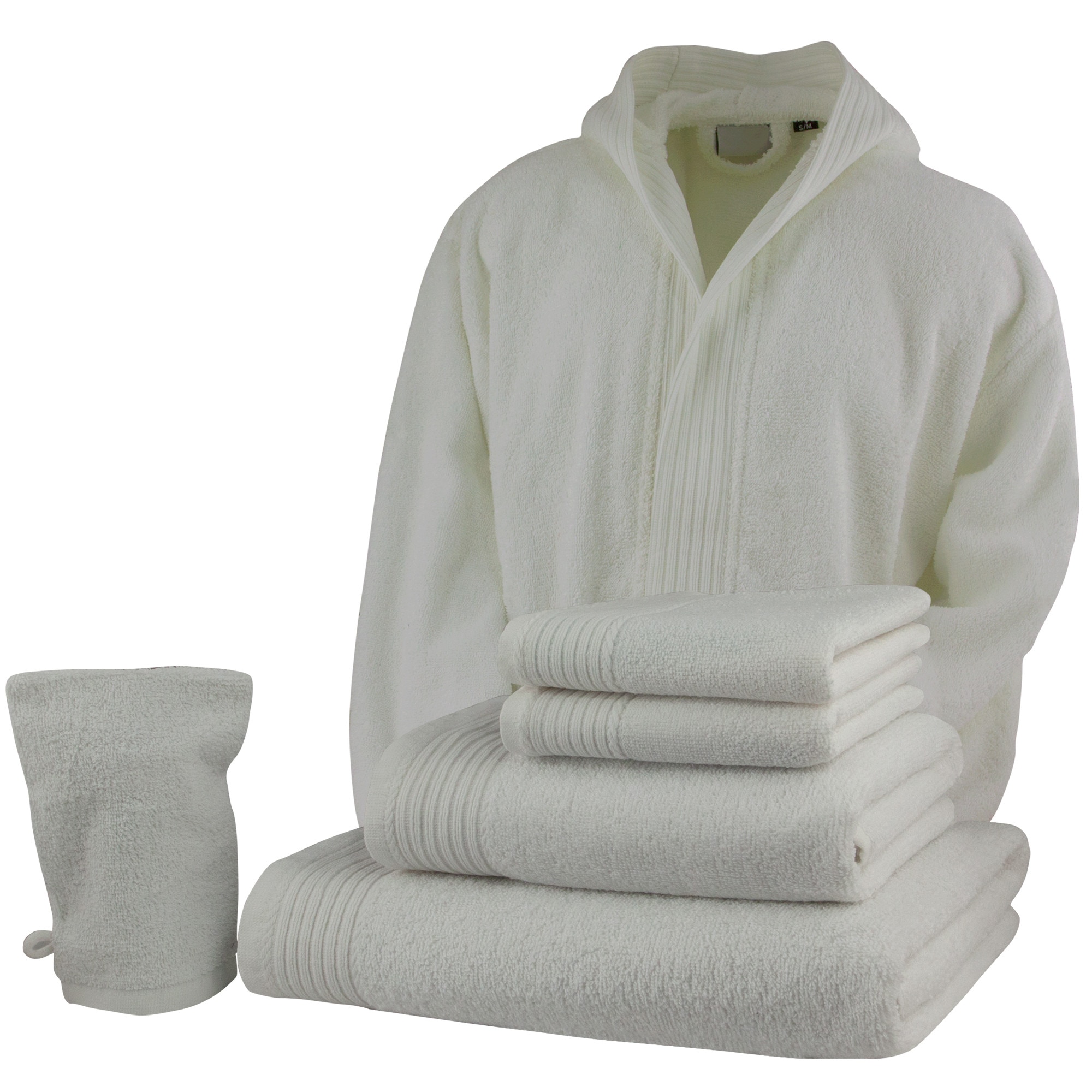 Set baie 5 produse + halat cu gluga XXL-XXXL, Alb, 100% bumbac Terry Selection