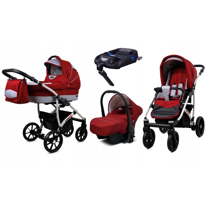 Carucior pentru copii, Baby Lux, 4 in 1, Baza Isofix, Aluminiu/Bumbac, Rosu/Gri