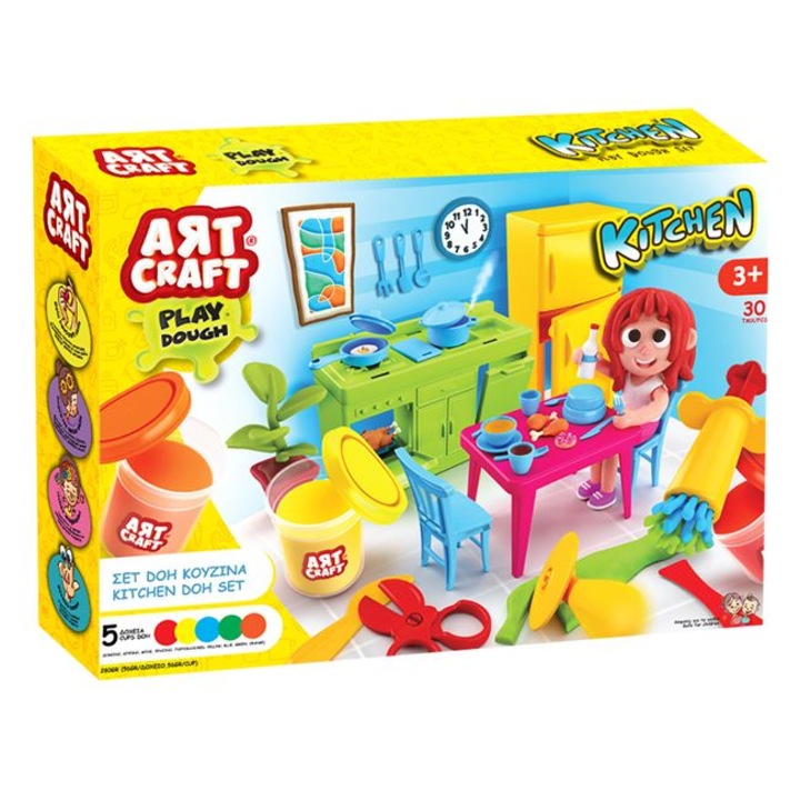 Set plastilina cu 5 borcane, 30 de accesori pentru bucatarie, pentru copii +3 ani