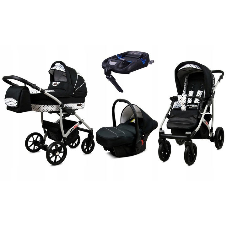 Carucior pentru copii, Baby Lux, 4 in 1, Baza Isofix, Aluminiu/Bumbac, Negru/Alb