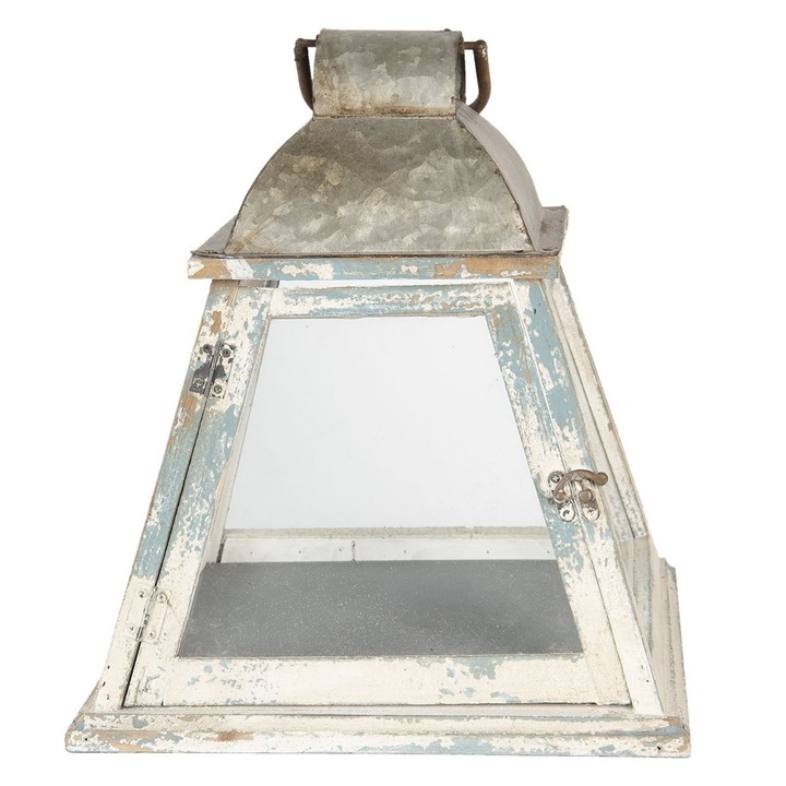 Винтидж бял син дървен фенер 33 см x 33 см x 37 в
