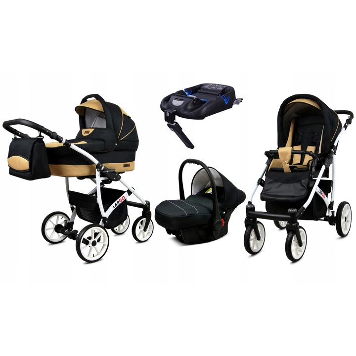 Carucior pentru copii, Baby Lux, 4 in 1, Baza Isofix, Aluminiu/Bumbac, Negru/Bej
