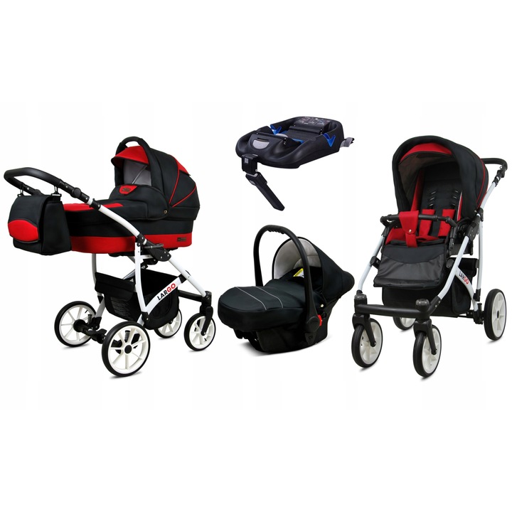 Carucior copii Baby Lux Largo 4 in 1, Sistem complet de calatorie, cu landou, parte sport, scaun auto si baza ISOFIX, cadru aluminiu usor, suspensie moale, roti anti-punctie, pliere compacta, husa picioare, negru rosu