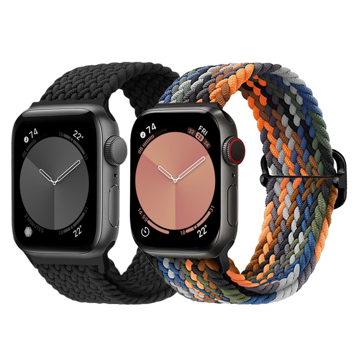 Set 2 curele smartwatch, Matcheasy, Nylon, Compatibila cu Apple Watch 11 10 9 8 7 6 5 4 3 2 1, Display 42/44/45/46/49 mm, Negru