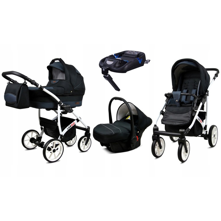 Carucior pentru copii, Baby Lux, 4 in 1, Baza Isofix, Aluminiu/Bumbac, Alb/Negru