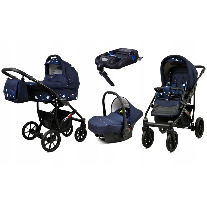 Carucior multifunctional 4 in 1 Baby Lux Largo, cu landou, sport, scaun auto, baza Isofix, cadru din aluminiu, tesaturi premium bumbac, suspensie moale si roti pivotante, pentru bebelusi, alb-negru