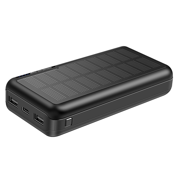 Power Bank solar, 30000mAh, 5V/2.1A, 2 porturi USB Incarcare rapida, ABS, 14,2×3×7 cm, Negru