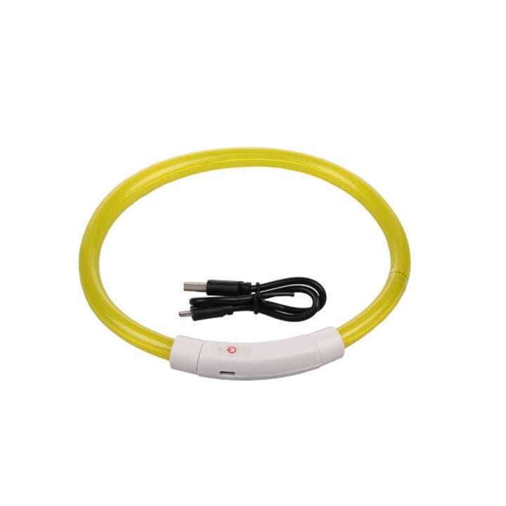 Zgarda cu LED, Zola®, pentru caini/ pisici, incarcare prin USB, 3 moduri de iluminare, din cauciuc, rezistenta la apa, lungime 47 cm, abilitate de a se scurta, galben