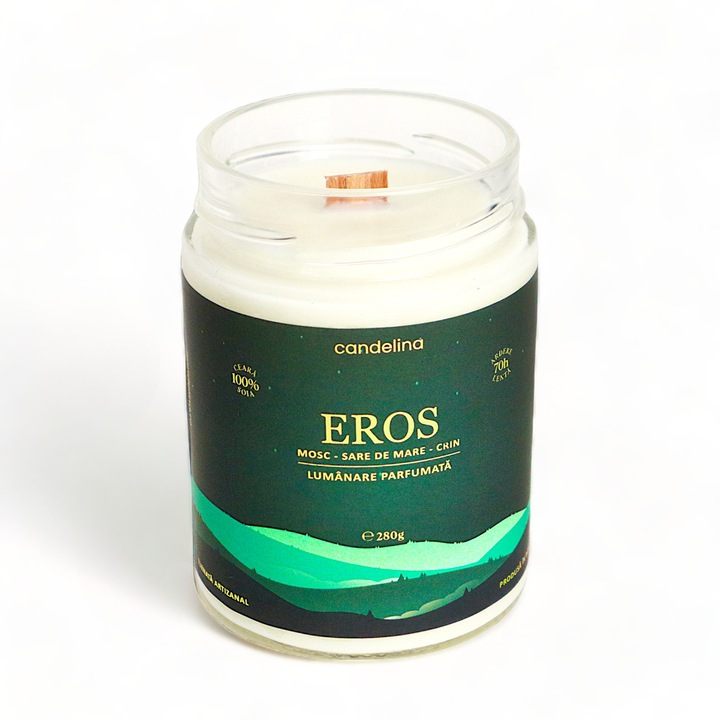 Lumanare parfumata din soia cu fitil lemn, Candelina, Eros - Mosc, Sare de Mare, Crin, handmade, ceara naturala, ardere 70h, 280 g