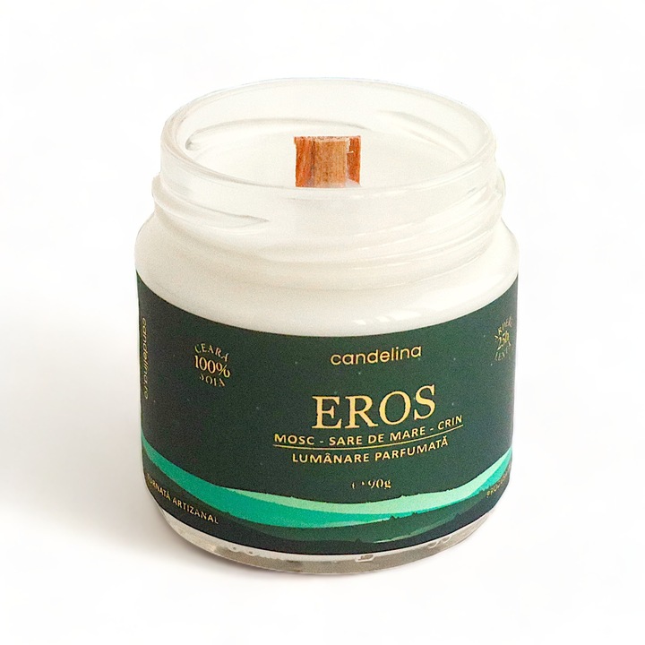 Lumanare parfumata din soia cu fitil lemn, Candelina, Eros - Mosc, Sare de Mare, Crin, handmade, ceara naturala, ardere 25h, 90 g