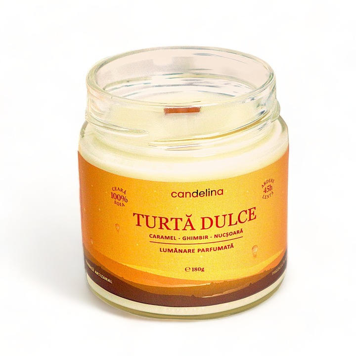 Lumanare parfumata din soia cu fitil lemn, Candelina, Turta dulce - Caramel, Ghimbir, Nucsoara, handmade, ceara naturala, ardere 45h, 180 g