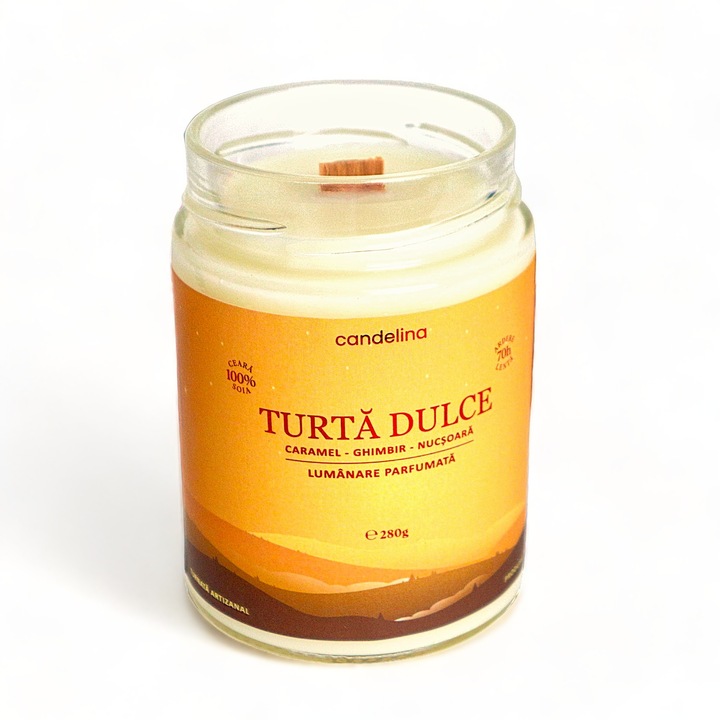 Lumanare parfumata din soia cu fitil lemn, Candelina, Turta dulce - Caramel, Ghimbir, Nucsoara, handmade, ceara naturala, ardere 70h, 280 g