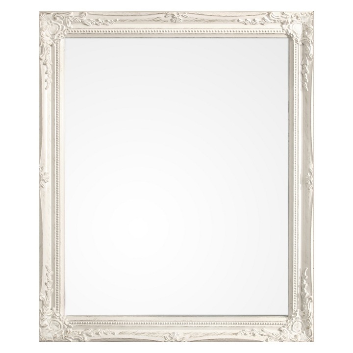 Dekoratív fali tükör, Miro, patinás fehér fa kerettel, 46x3x56 cm