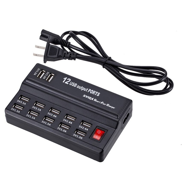 Statie de Incarcare 60W, cu 12 Porturi Smart USB, Fast Charging, Universal, Negru