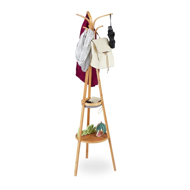 Cuier tip suport de haine din bambus cu 2 rafturi si 6 agatatori, dimensiuni 178 x 50 x 50 cm, Relaxdays