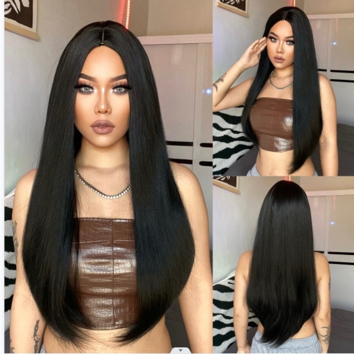 Peruca lunga Neagra, fara breton, Animis Beauty ®, fibra sintetica cu aspect natural, par lung drept, 65 cm