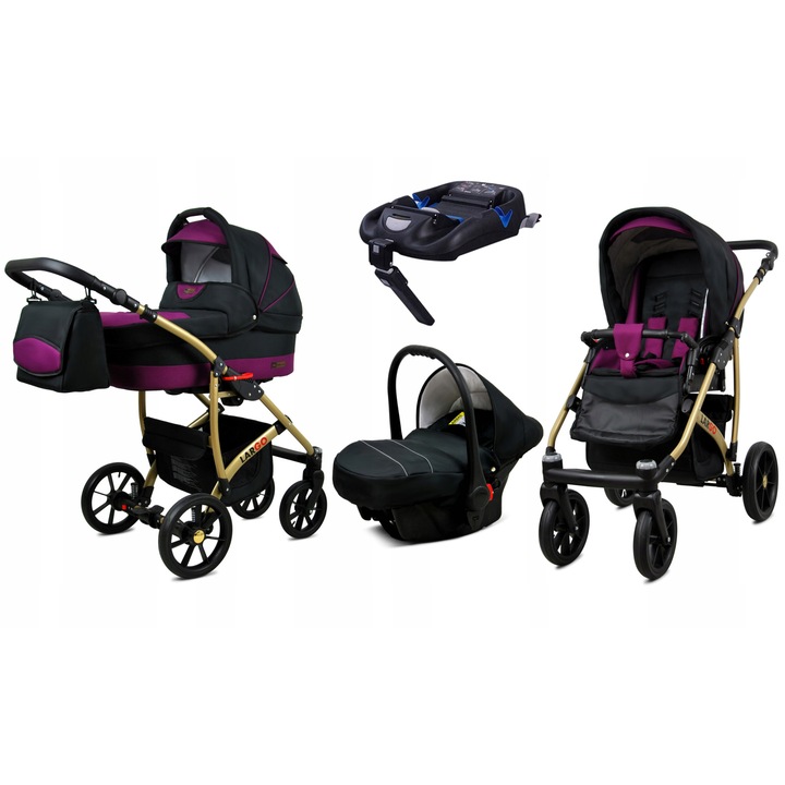 Carucior pentru copii, Baby Lux, 4 in 1, Baza Isofix, Aluminiu/Bumbac, Mov/Negru
